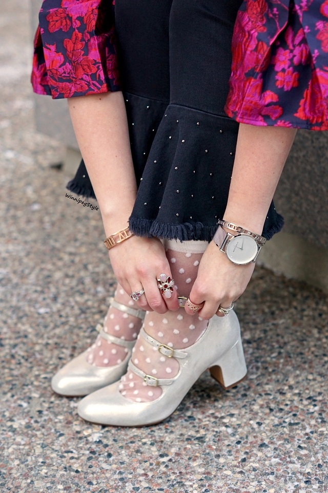 Winnipeg Style, Canadian Fashion stylist blog, The Peach Box roman numeral bangle, Marc Bale mesh strap watch, Chie Mihara Flawless silver metallic leather suede buckle heels, Pilcro black denim bell ruffle cropped studded jeans, Tabbisocks clear white polka dot mesh socks